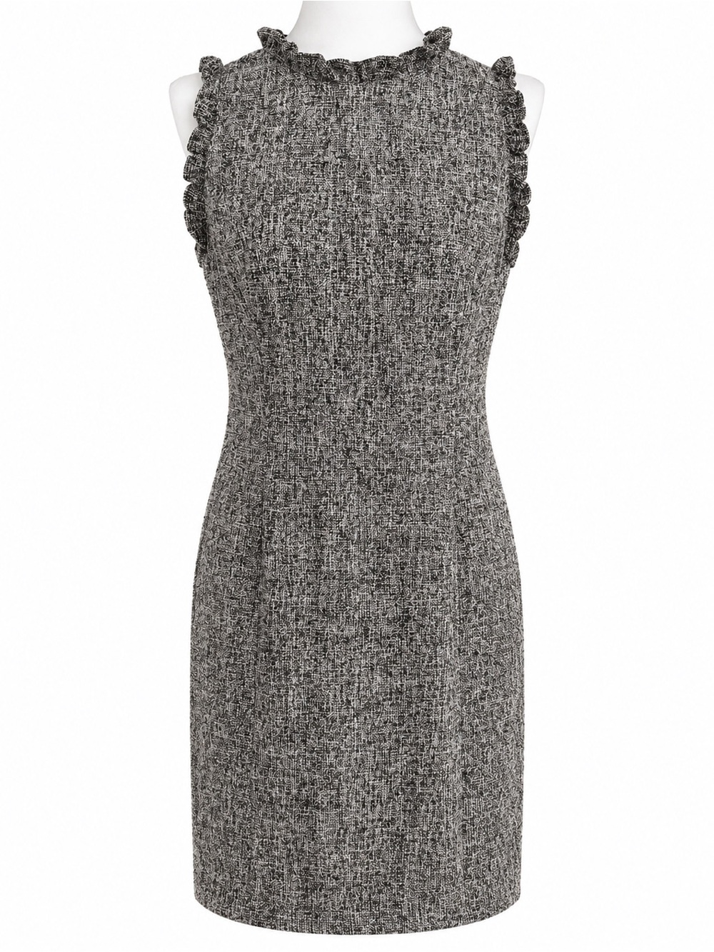 LOFT Gray Black Tweed Ruffle Neck Sleeveless Sheath Dress Size 2